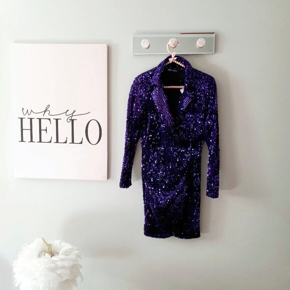NWT Zara purple crushed velvet-like sequin blazer long sleeve short dress, S - Picture 11 of 15
